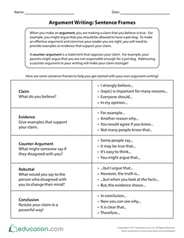Argument Writing: Sentence Frames