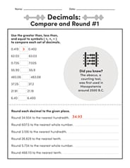 Comparing Decimal Worksheet