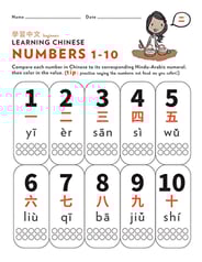 Learn Chinese: Color the Value, Numbers 1-10
