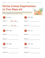 Factoring Linear Expressions Worksheet Add, Subtract And Factor Linear