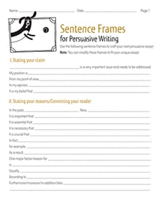 Sentence Frames for Persuasive Writing