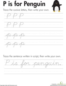 Cursive Handwriting: "P" is for Penguin