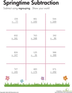 Springtime: Three-Digit Subtraction With Regrouping