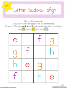 Lowercase Letter Sudoku: efgh