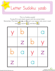Lowercase Letter Sudoku: yzab