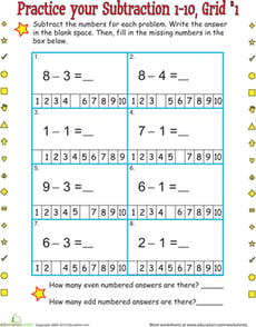 Practice One-Digit Subtraction Grid 1