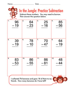 Two Digit Subtraction With Regrouping: In the Jungle