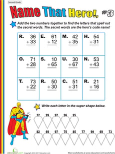Name That Hero! Two-Digit Addition #3
