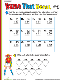 Name That Hero! Two-Digit Addition #4