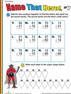 Name That Hero! Two-Digit Addition #7