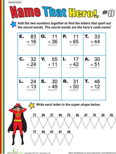 Name That Hero! Two-Digit Addition #8