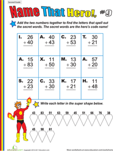 Name That Hero! Two-Digit Addition #9