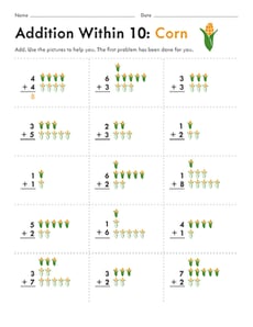 Addition Within 10: Corn