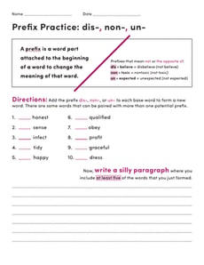 Prefix Practice: Dis- Non- Un- 