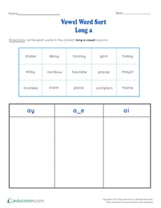 Long A Vowel Word Sort
