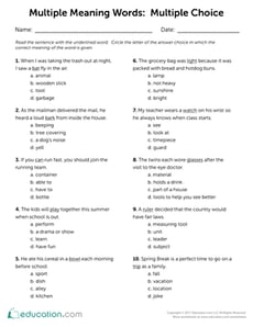 Multiple Meaning Words: Multiple Choice