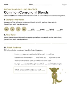 Phonics and Spelling Practice: Common Consonant Blends