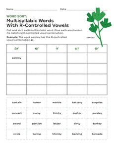 Word Sort: Multisyllabic Words with R-Controlled Vowels