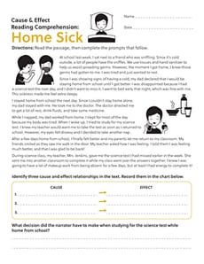 Cause & Effect Reading Comprehension: Home Sick