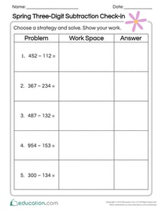Spring Three-Digit Subtraction Check-in