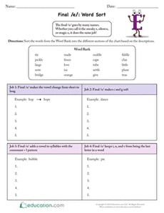 Final /e/: Word Sort