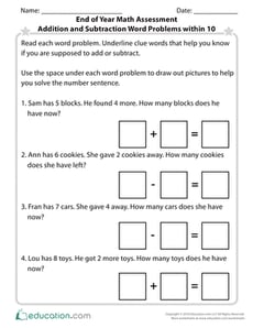 End of Year Math Assessment Addition and Subtraction Word Problems within 10