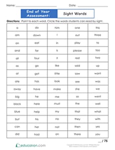  End of Year Assessment: Sight Words