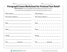 Paragraph Frame Worksheet for Fictional Text Retell