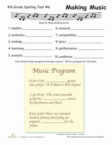 4th Grade Spelling Test: Making Music