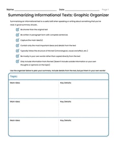 Summarizing Informational Texts: Graphic Organizer