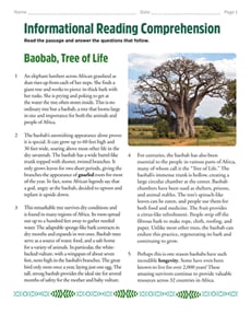 Informational Reading Comprehension: Baobab, Tree of Life