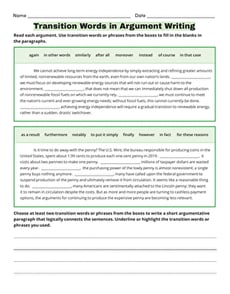 Transition Words in Argument Writing