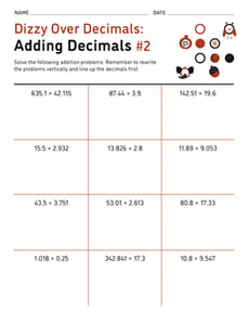 Dizzy Over Decimals: Adding Decimals #2