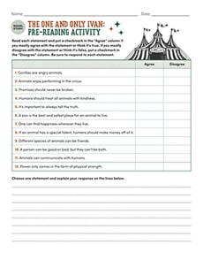 Novel Study: The One and Only Ivan: Pre-Reading Activity