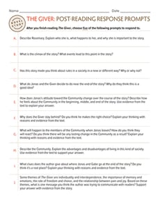Novel Study: The Giver: Post-Reading Response Prompts
