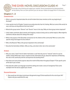 Novel Study: The Giver: Discussion Guide #1
