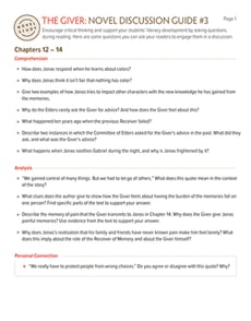 Novel Study: The Giver: Discussion Guide #3