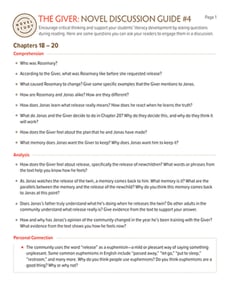 Novel Study: The Giver: Discussion Guide #4