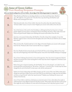 Novel Study: Anne of Green Gables: Post-Reading Response Prompts