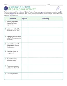 Novel Study: A Wrinkle in Time: Pre-Reading Activity