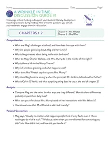 Novel Study: A Wrinkle in Time: Discussion Guide #1