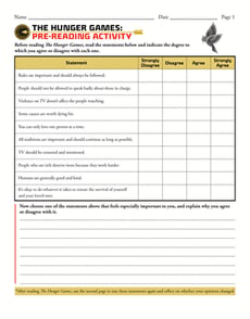 Novel Study: The Hunger Games: Pre-Reading Activity