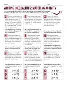 Writing Inequalities: Matching Activity