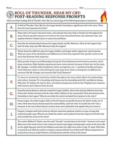 Novel Study: Roll of Thunder, Hear My Cry: Post-Reading Response Prompts