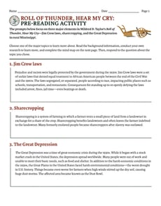 Novel Study: Roll of Thunder, Hear My Cry: Pre-Reading Activity