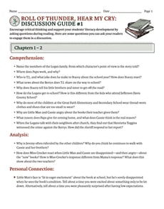 Novel Study: Roll of Thunder, Hear My Cry: Discussion Guide #1 
