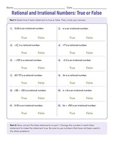 Rational and Irrational Numbers: True or False