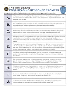 Novel Study: The Outsiders: Post-Reading Response Prompts