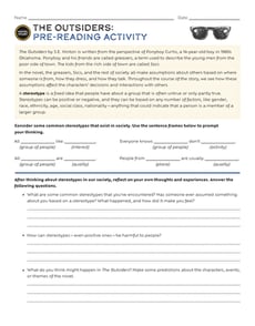 Novel Study: The Outsiders: Pre-Reading Activity