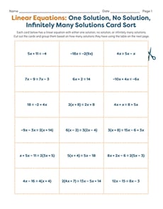 Linear Equations: One Solution, No Solution, Infinitely Many Solutions Card Sort
